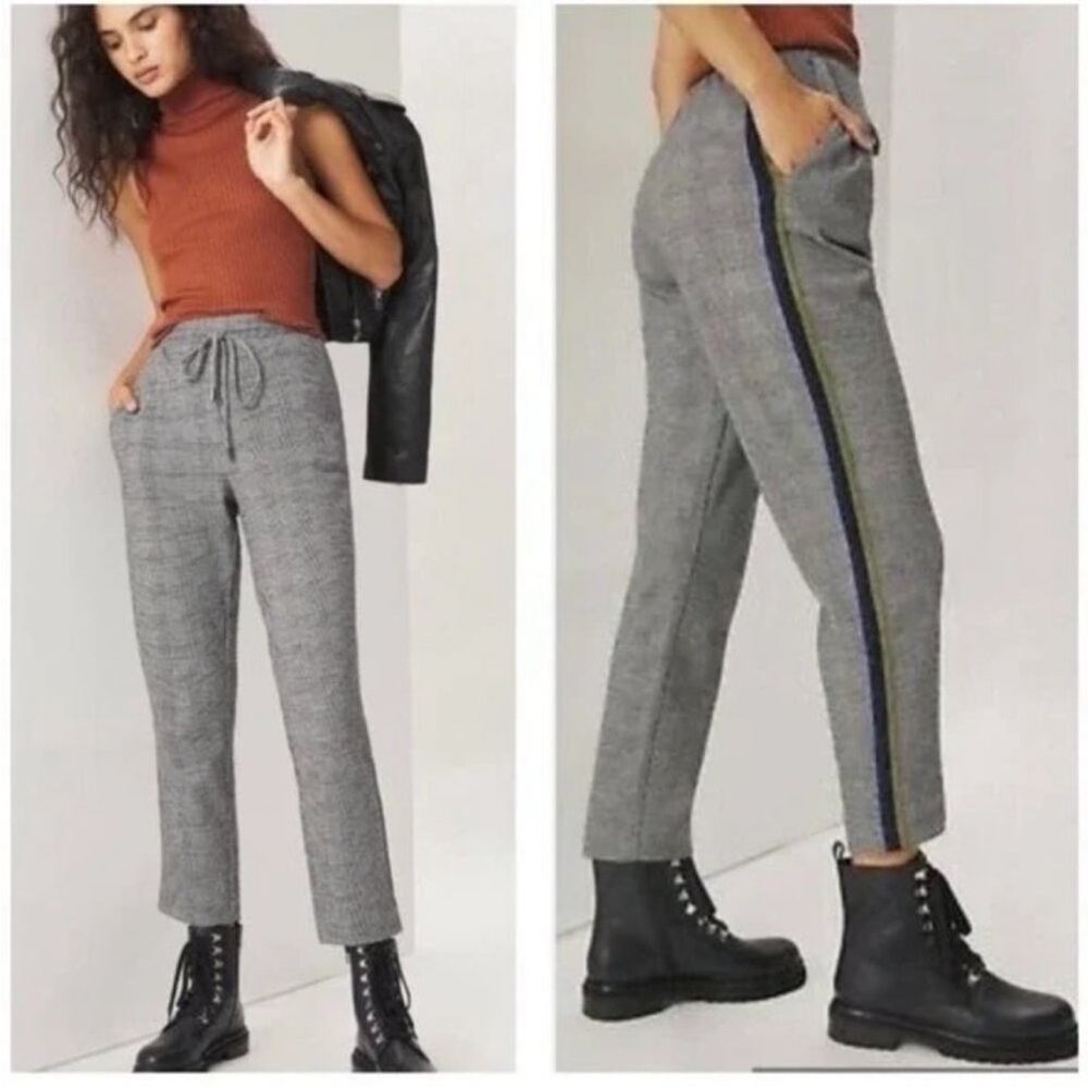 Anthropologie Gray Plaid Cropped Pants with Side Stripes